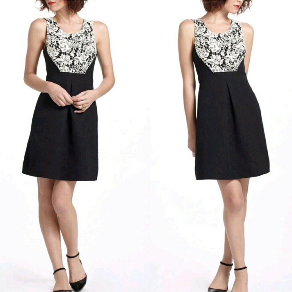 Moulinette Soeurs‎ Anthropologie Dress LBD Black Embossed Dress Ivory Lace Sz 2